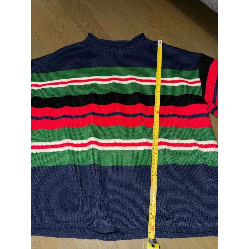 Vintage Style Chunky Knit Striped Sweater Navy Green Red Mock Neck Oversized L‎